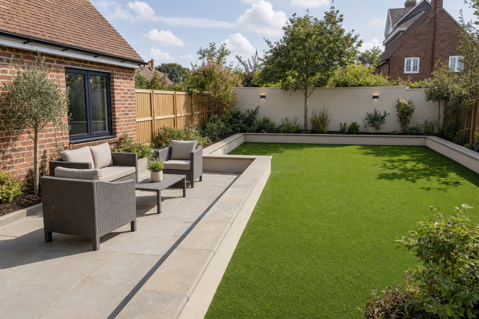 Garden with a neatly trimmed lawn, patio area with wicker furniture, and raised flower beds against a brick house.