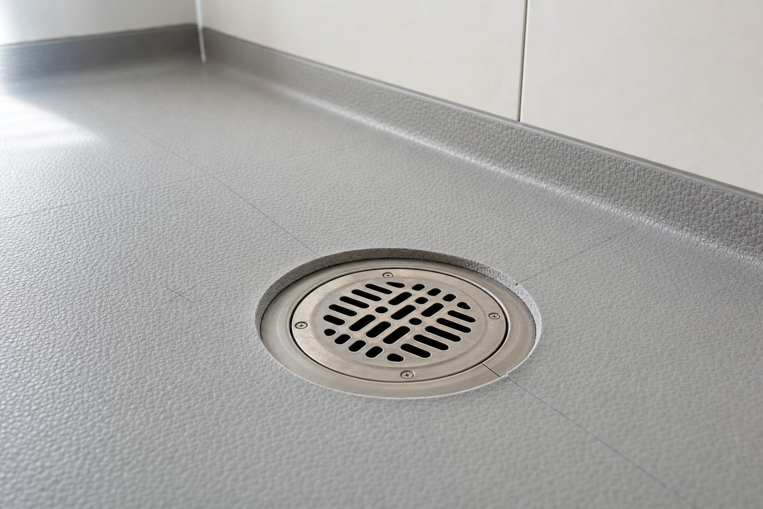 Metal drain cover set in a textured grey tiled floor near a wall corner.