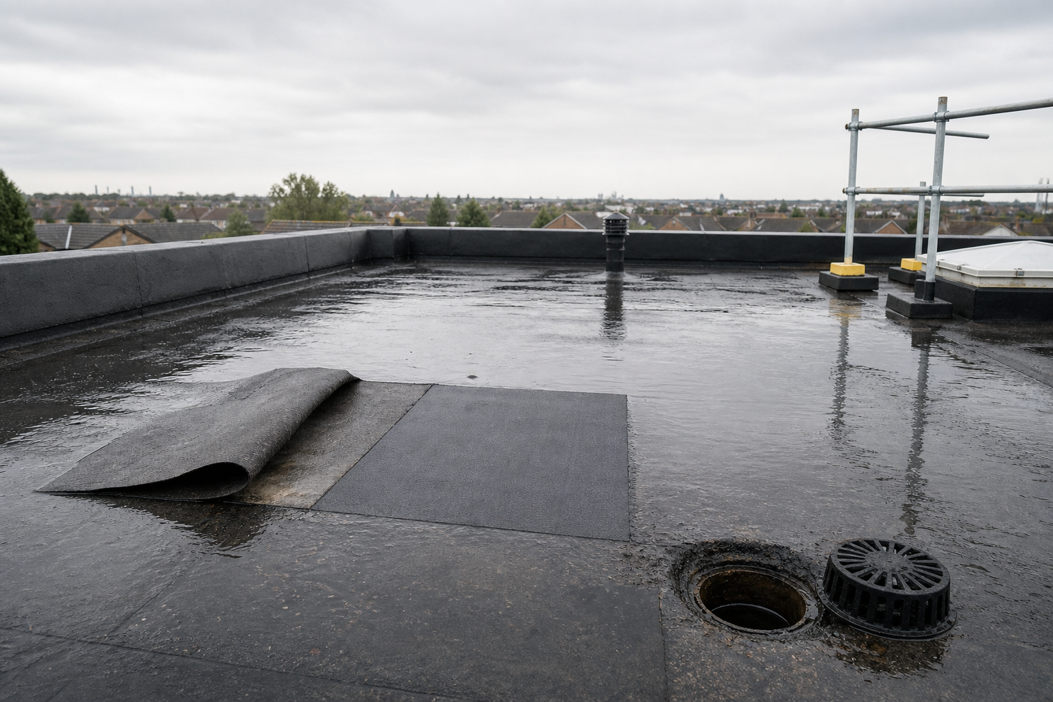 A flat rooftop with a partially peeled back rubber mat, a drainage hole, and a distant view of a suburban skyline.
