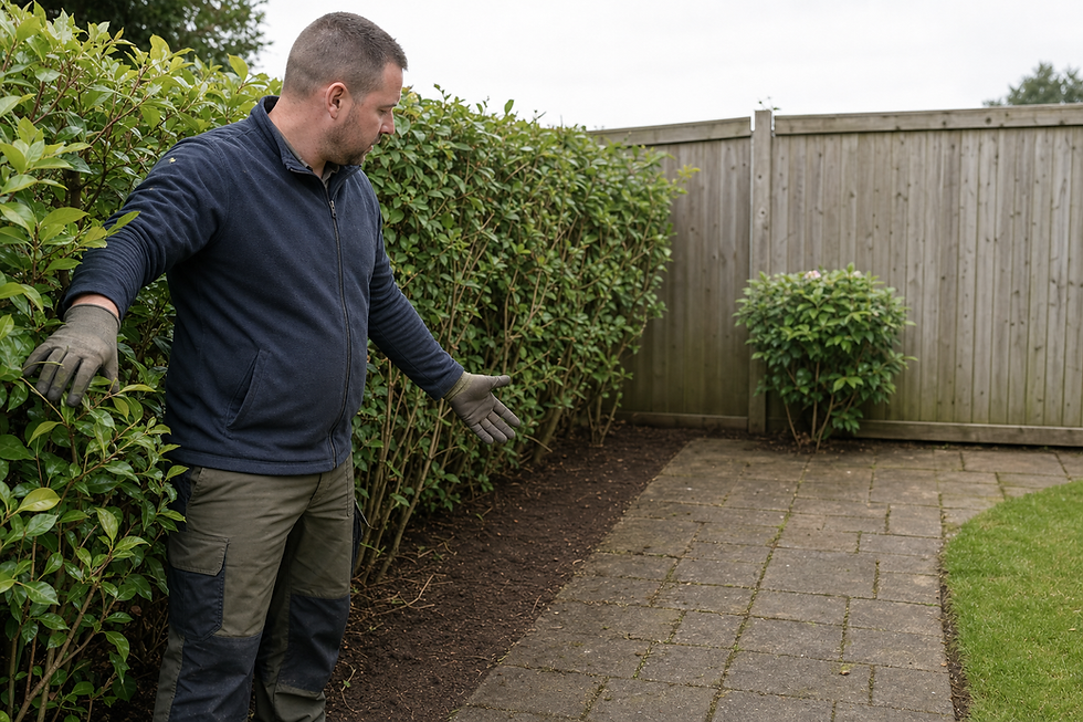A man in gardening attire gestures towards a neatly trimmed hedge and tidy garden path.