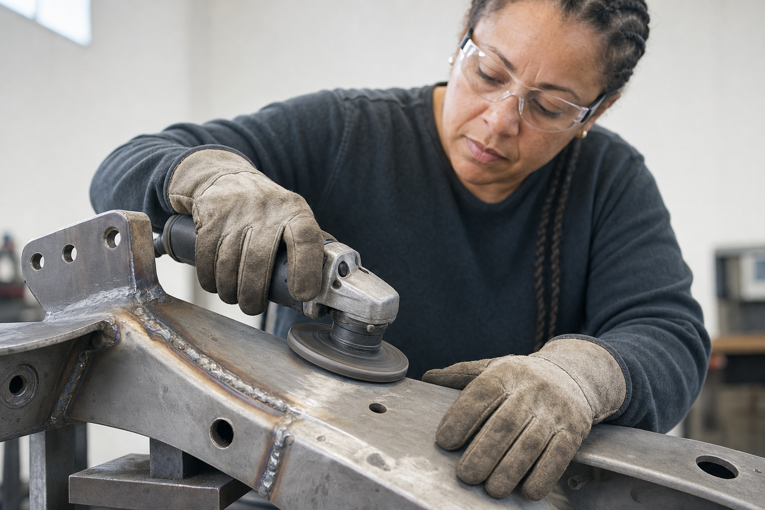 A woman wearing safety goggles and gloves uses a grinder on a metal frame.