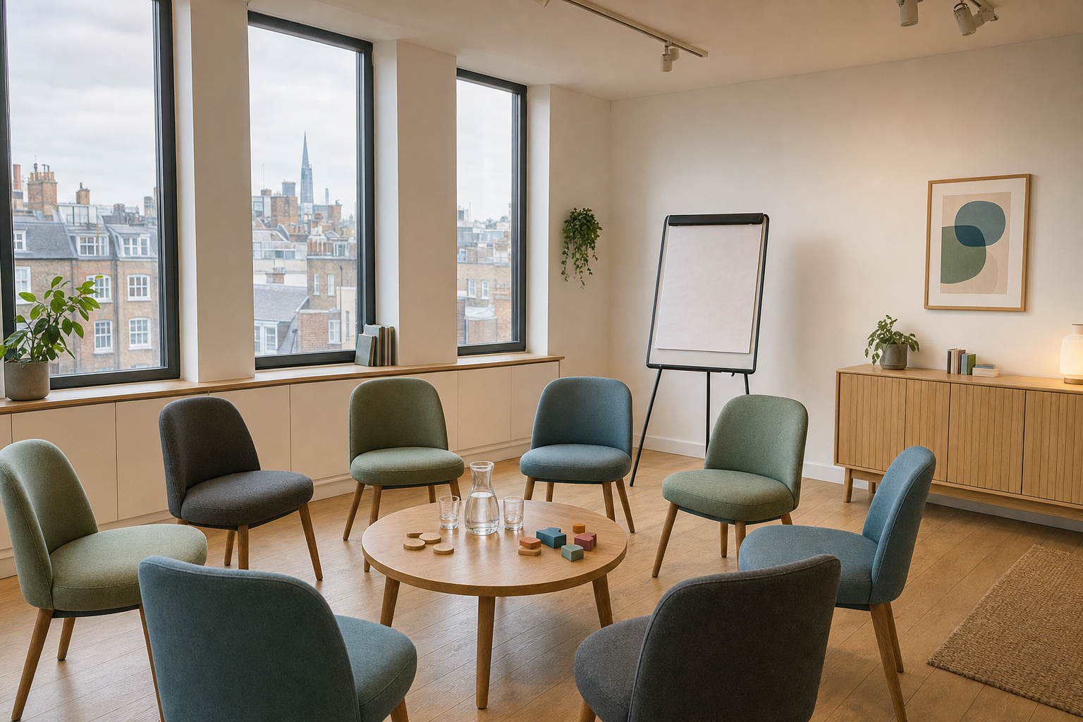 A cosy meeting room with a circle of chairs, a round table, flip chart, and large windows overlooking a cityscape.