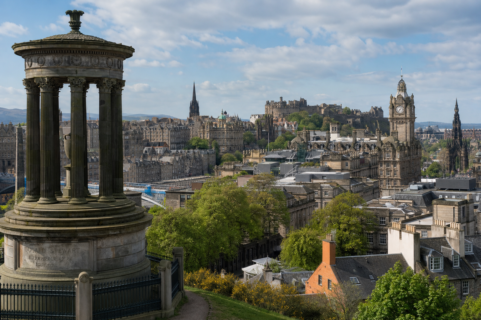 View of Edinburgh skyline featuring historic buildings and a prominent monument.