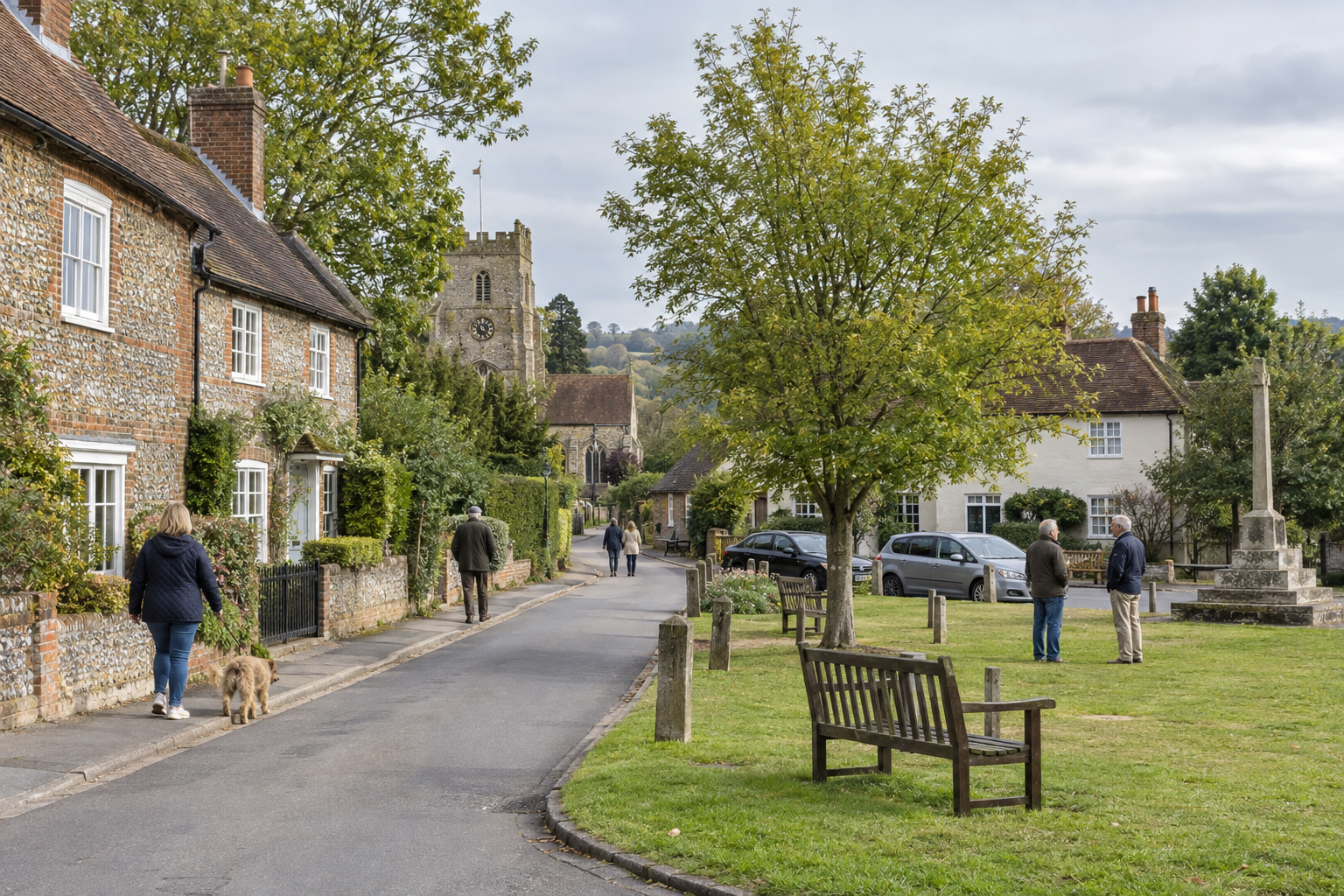 People strolling through a quaint village street with stone cottages, a church, and a war memorial visible.