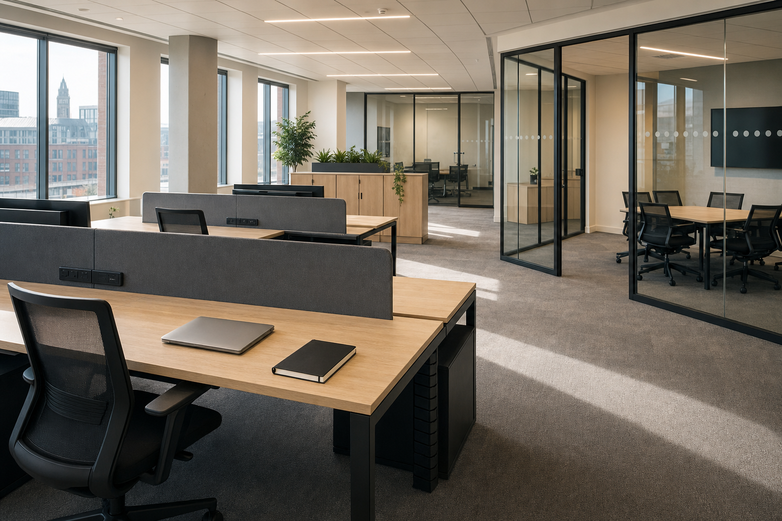 Modern office with open workstations, glass-walled meeting room, and city view through large windows.