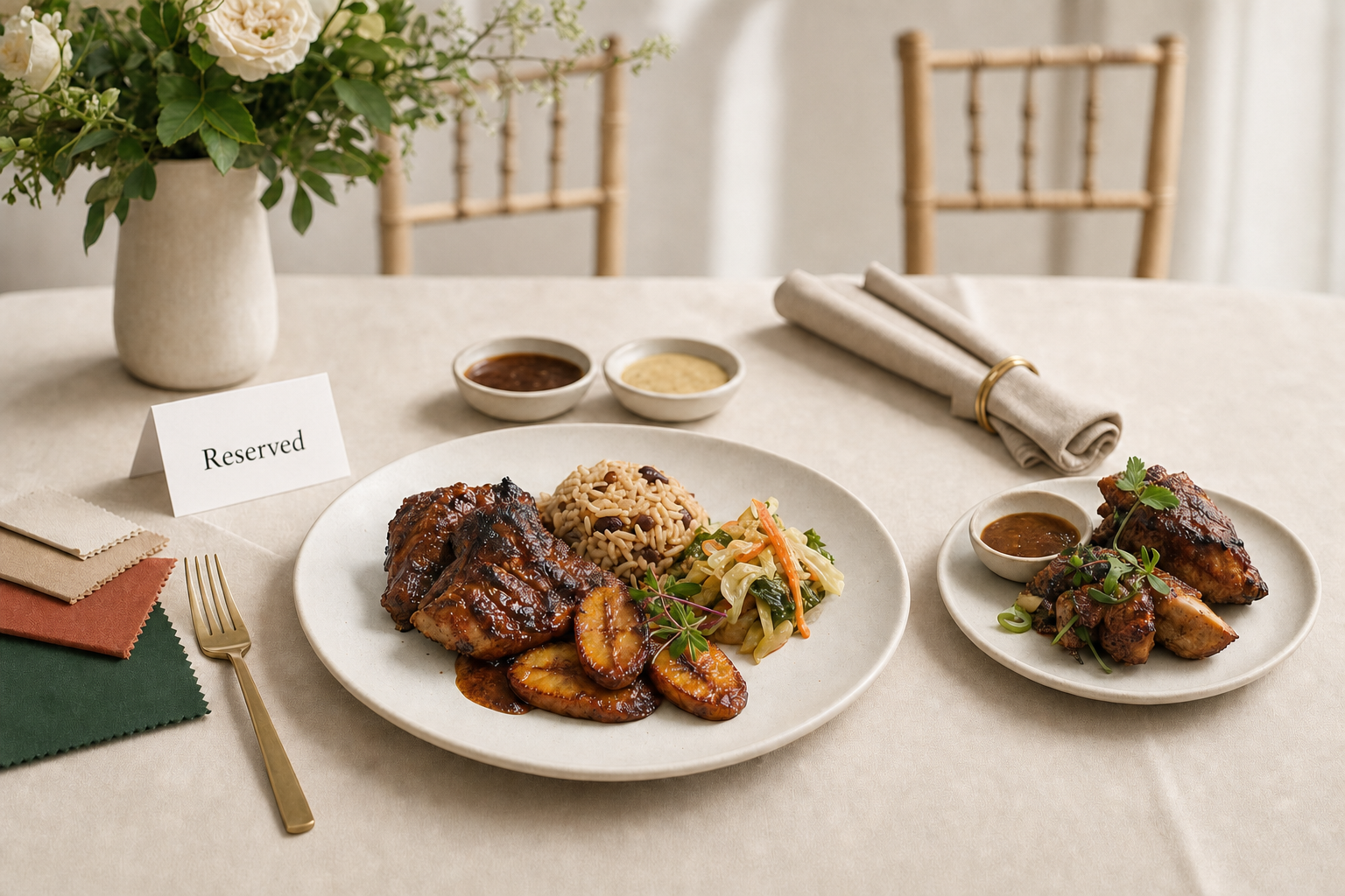 Elegant table setting with a reserved card, featuring grilled chicken, rice and peas, plantains, and a side salad.