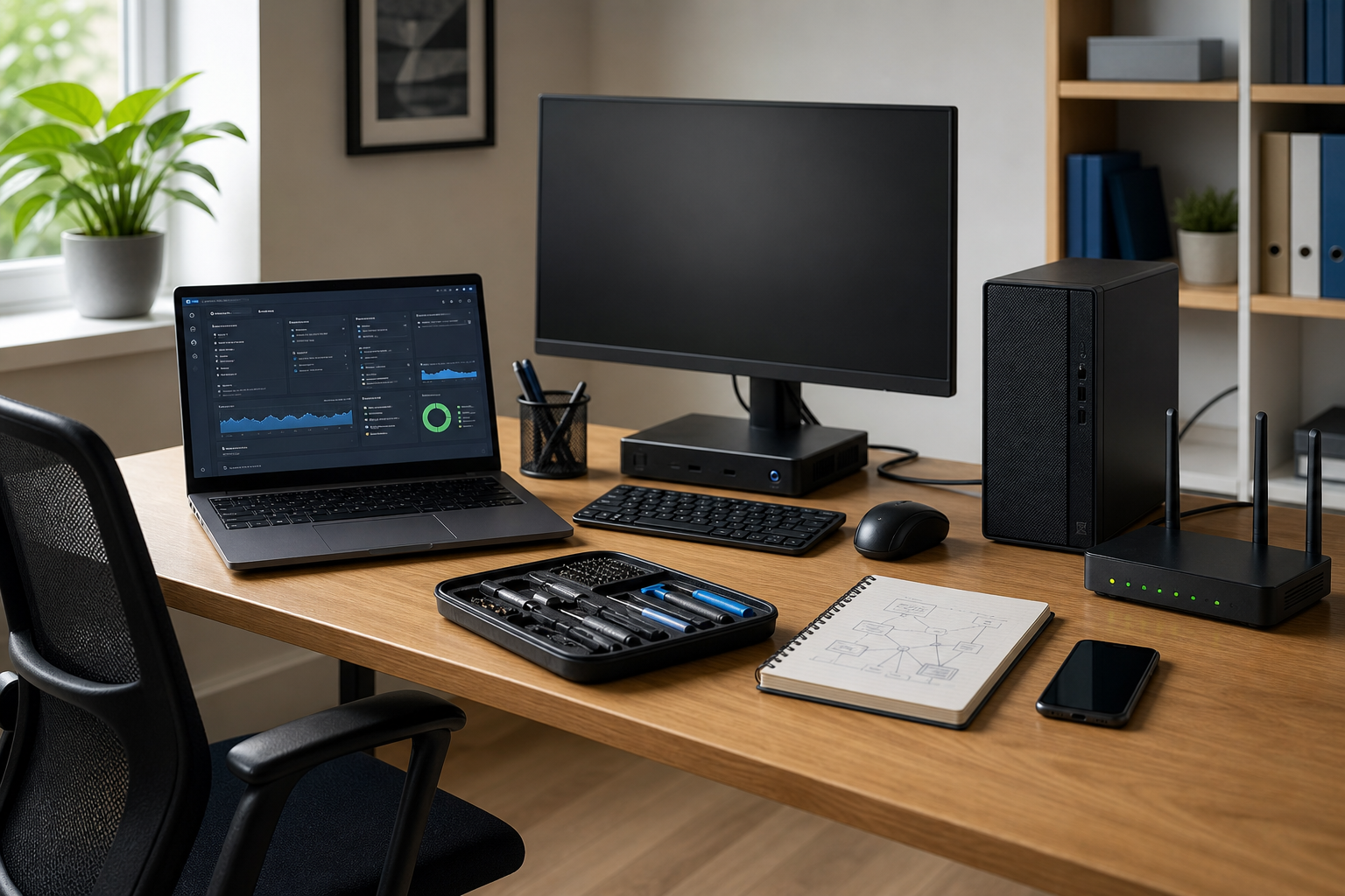 Modern workspace with laptop, desktop monitor, toolset, notebook, smartphone, and router on a wooden desk.