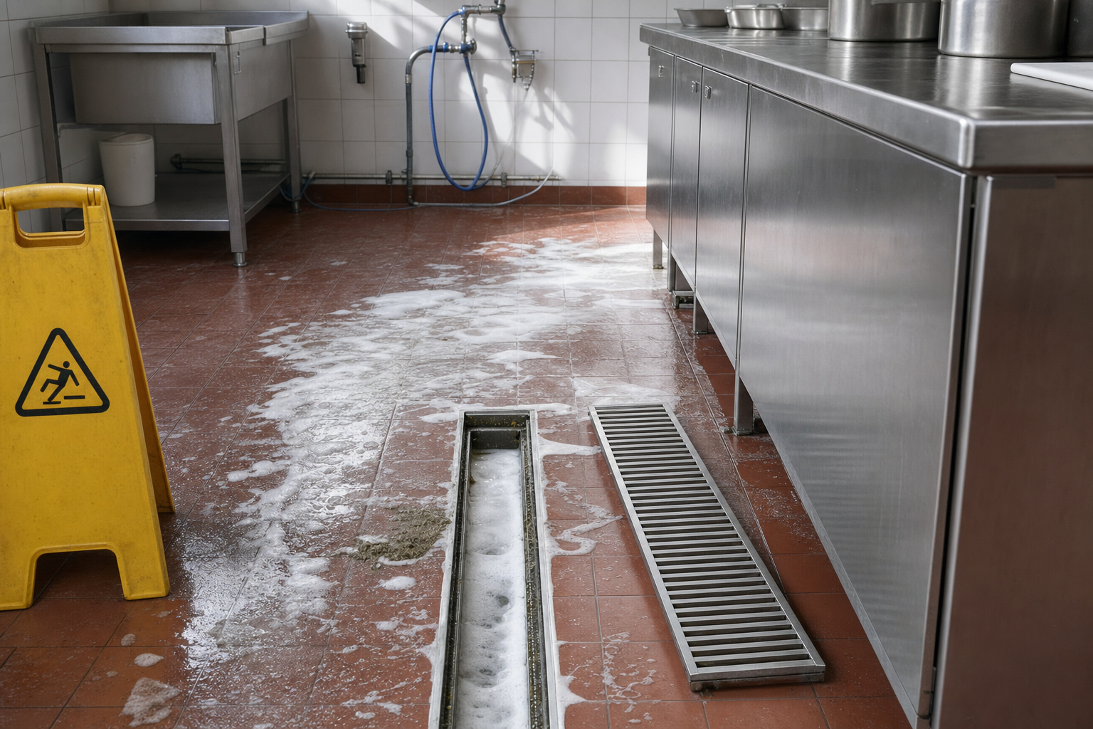 Wet kitchen floor with soap suds, a yellow caution sign, and stainless steel furniture.