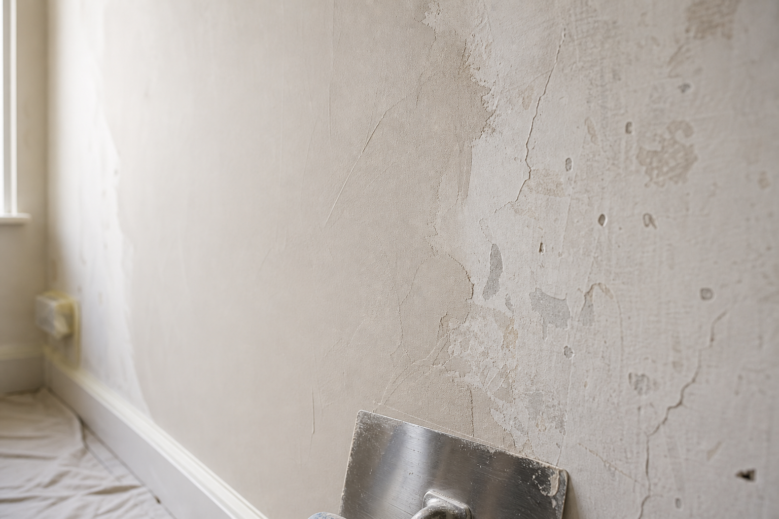 A well-used plastering trowel is positioned against a wall with peeling plaster in a room prepared for renovation.