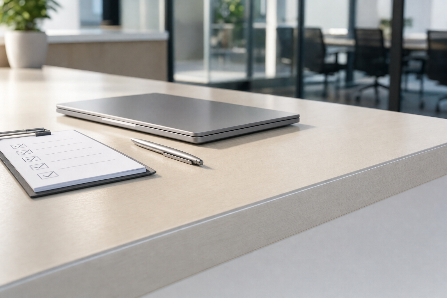 A closed laptop, pen, and checklist sit on a light wooden desk in a modern office setting.