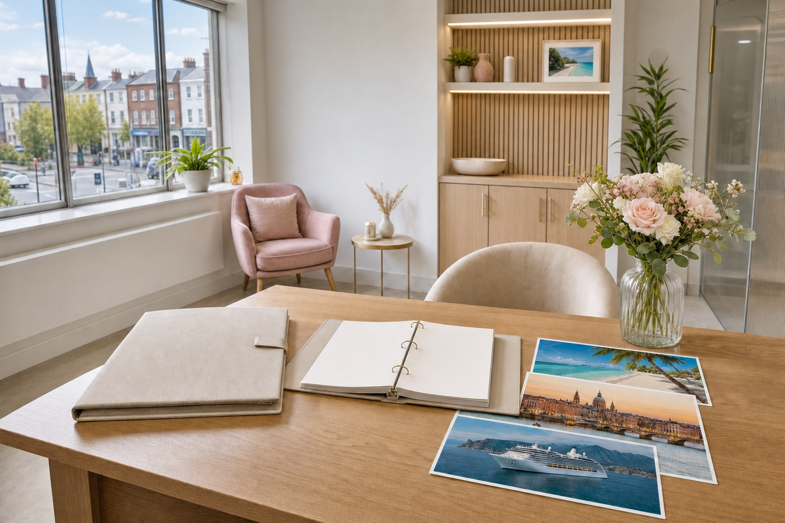 A bright office with a wooden desk, open binder, travel photos, and a vase of flowers, overlooking a street through large windows.