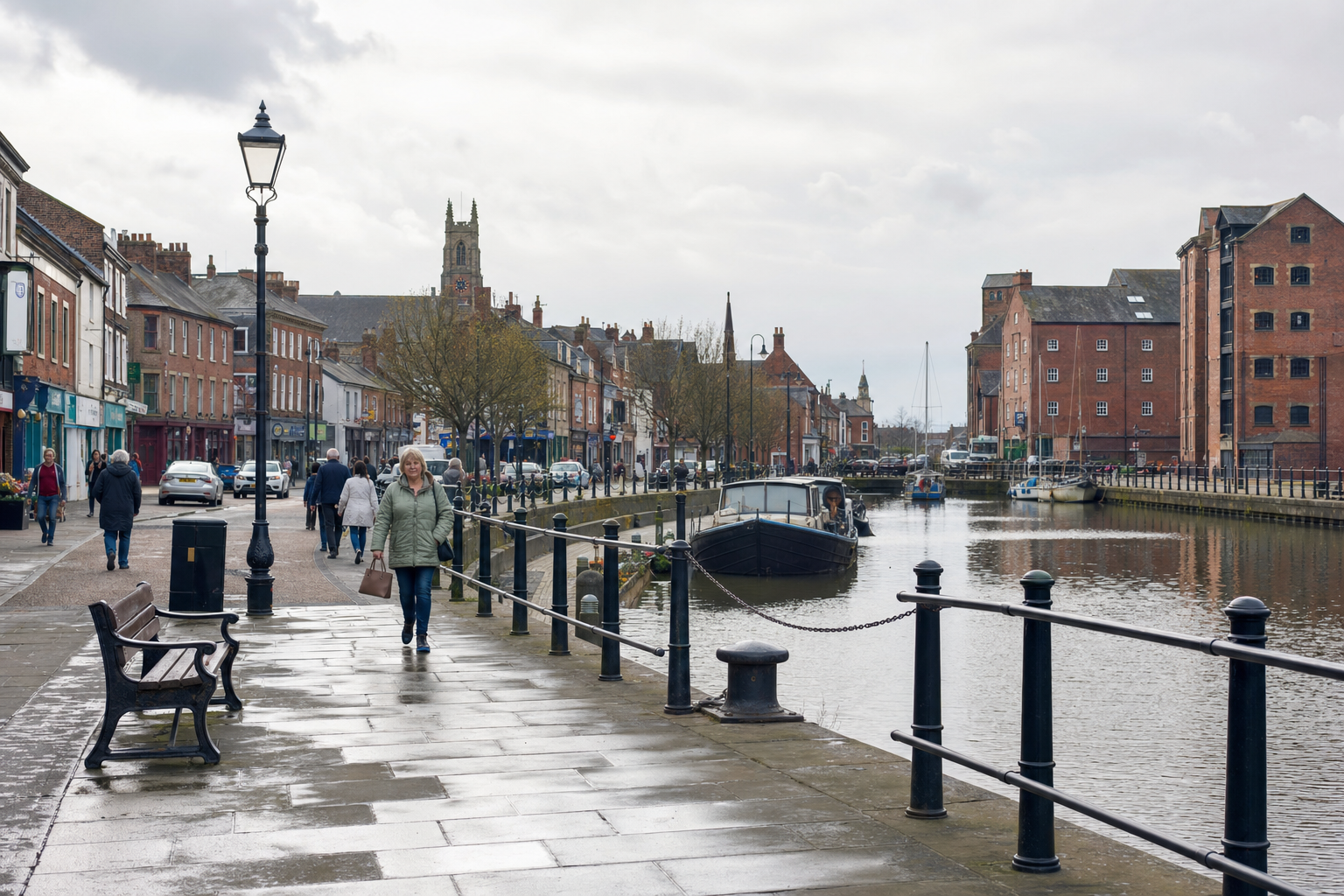 People walking along a canal with historic buildings and a church in the background.