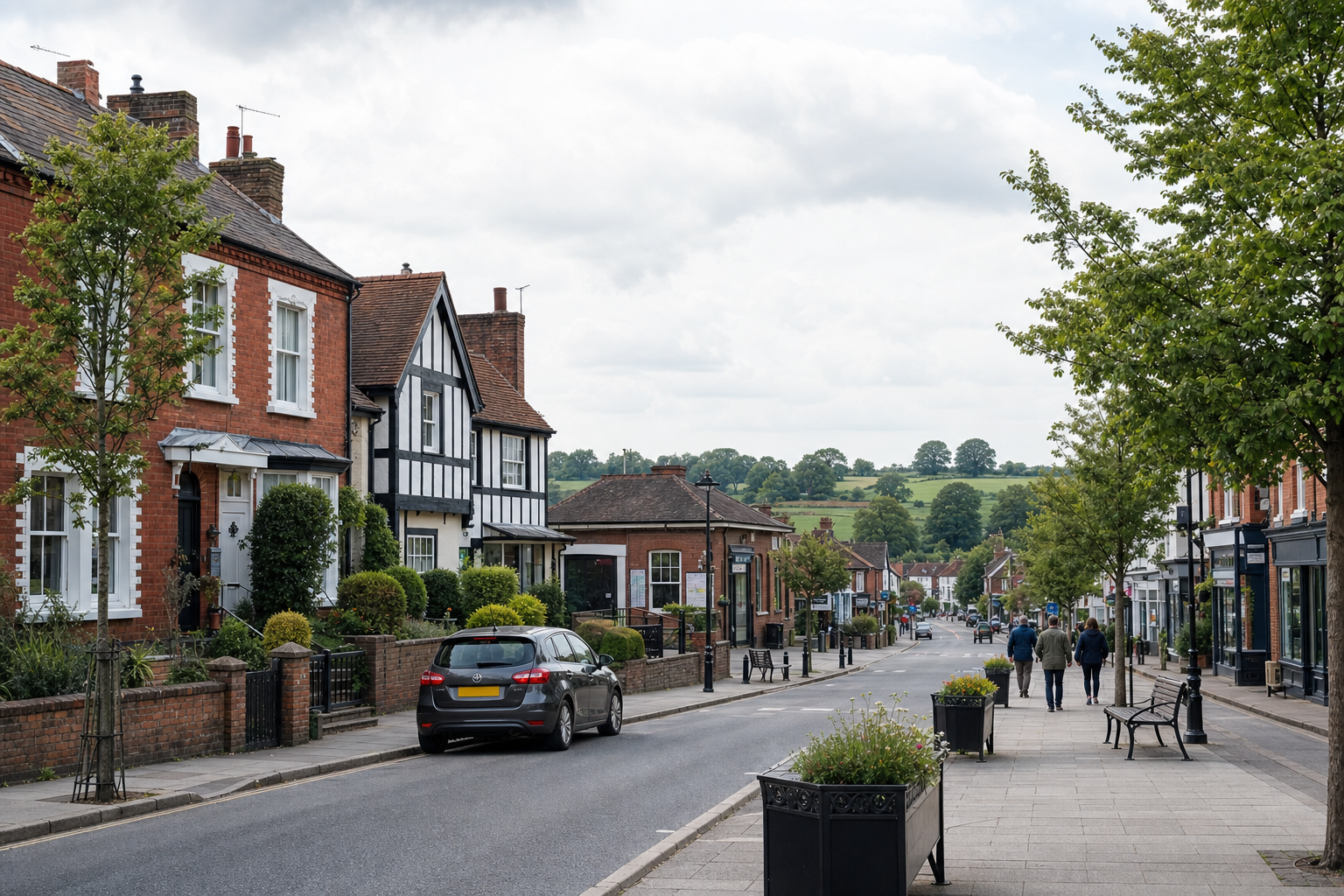 A quiet British village street with traditional houses, a parked car, and people walking on the pavement.