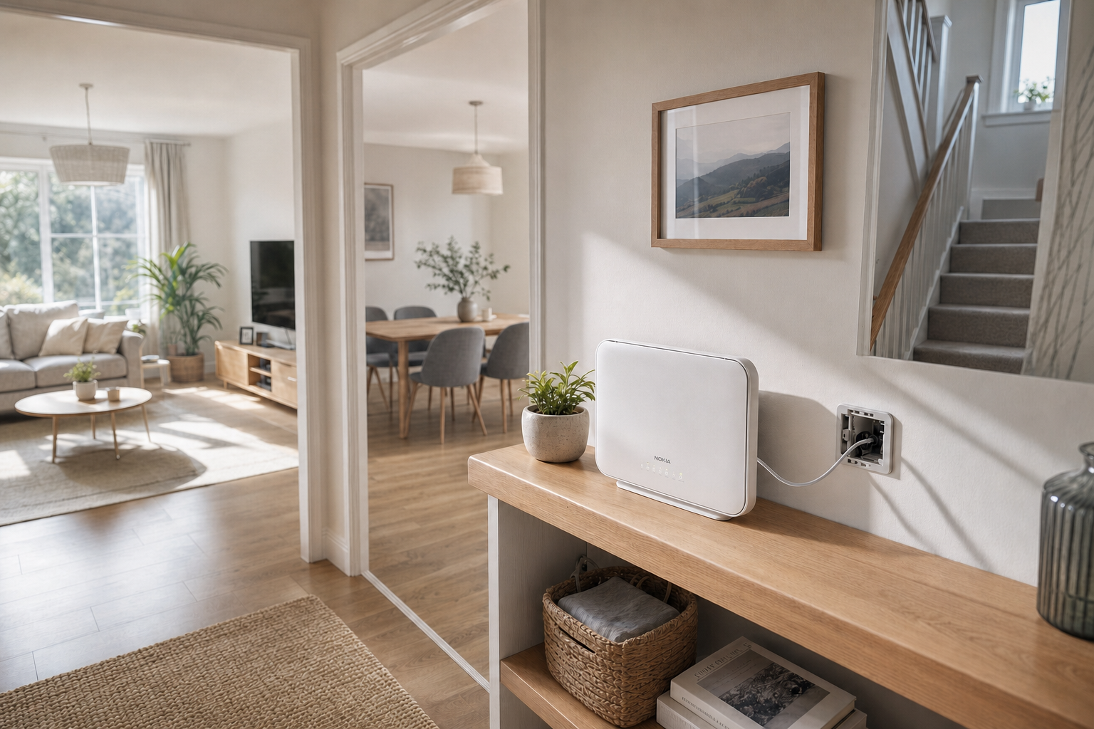 A modern, light-filled living room and dining area with a wireless router on a wooden shelf.