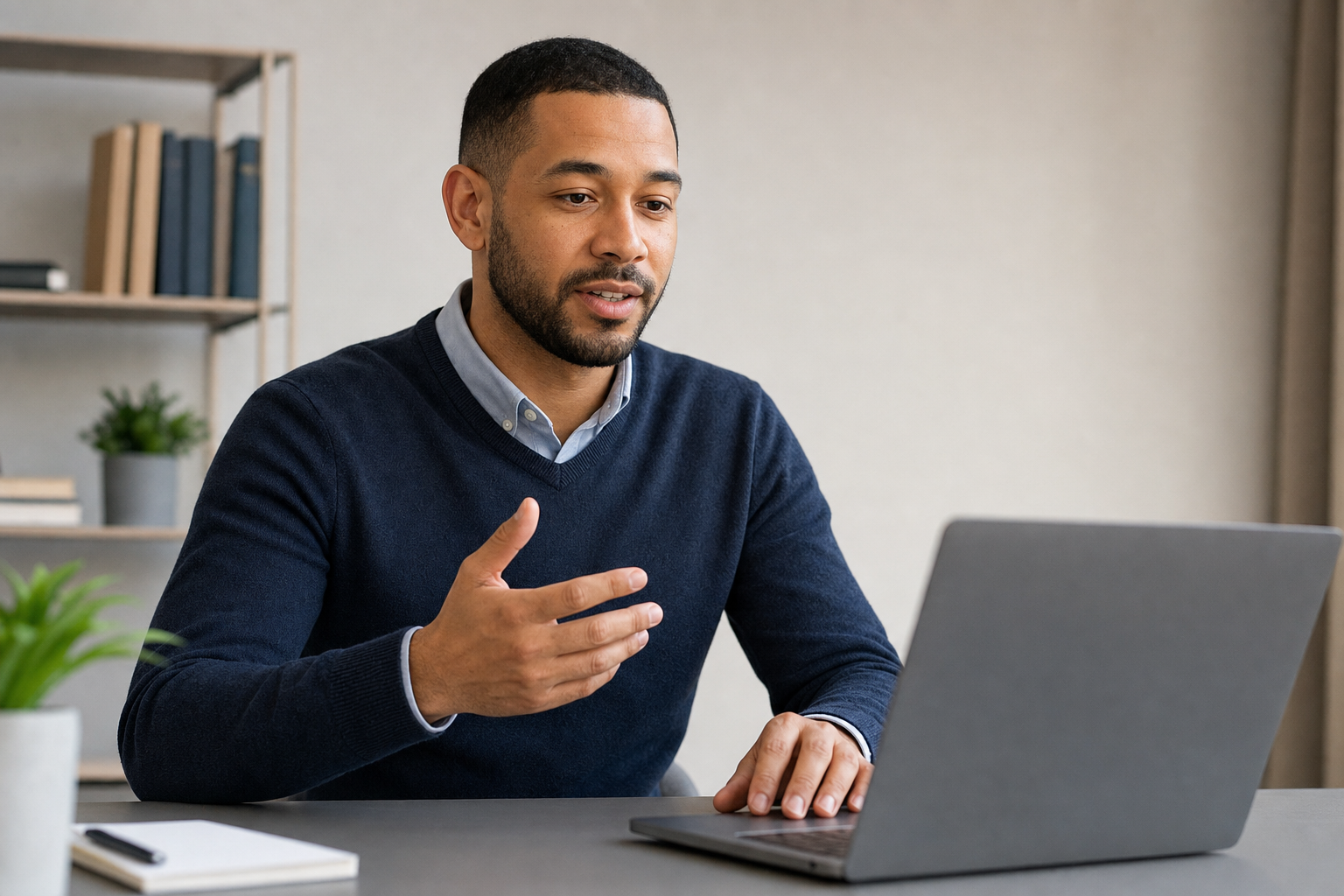 Man speaking during a video call on a laptop in a home office setting.