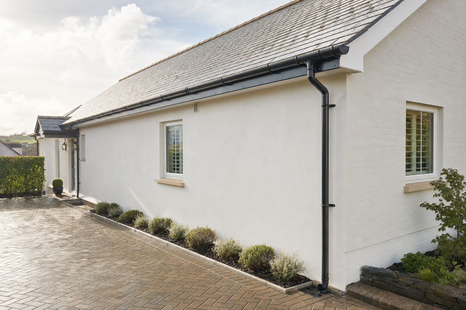 A modern single-storey white house with a tiled roof, surrounded by a neatly paved driveway and landscaped garden.