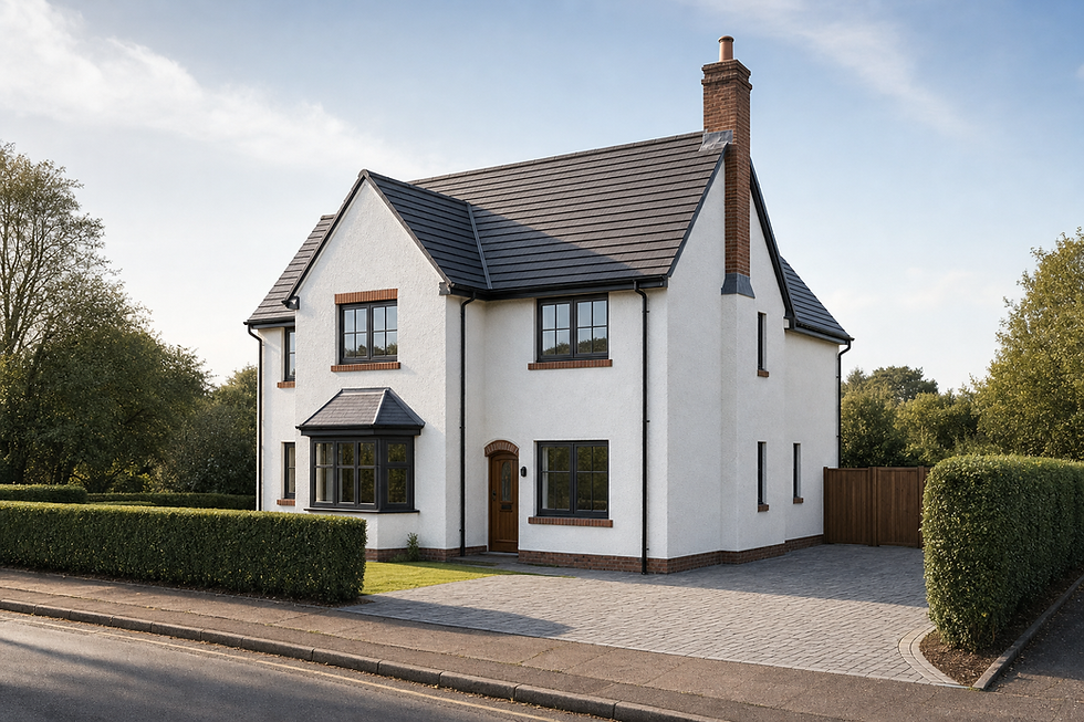 A modern two-storey white house with a grey roof, red brick accents, and a neatly trimmed hedge in a suburban setting.