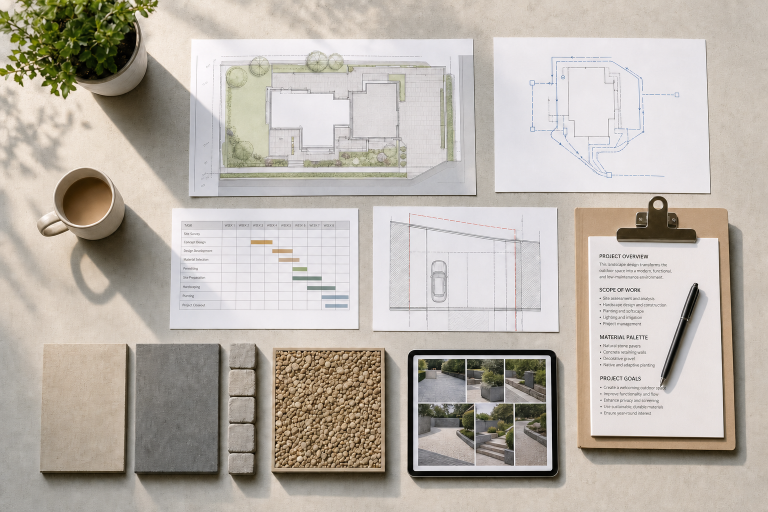 Architectural plans and materials samples arranged neatly on a table with a cup of coffee and a plant.