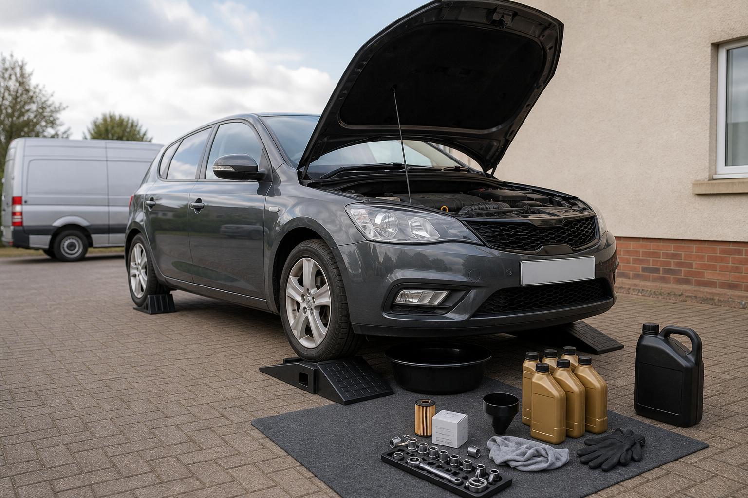 Car on ramps with open hood, surrounded by oil change supplies and tools.
