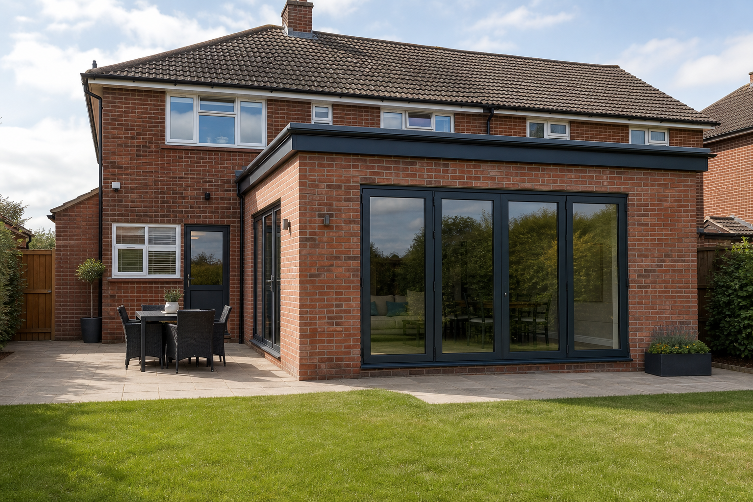Two-storey brick house with large glass doors, a tiled patio, outdoor dining set, and a well-kept lawn.