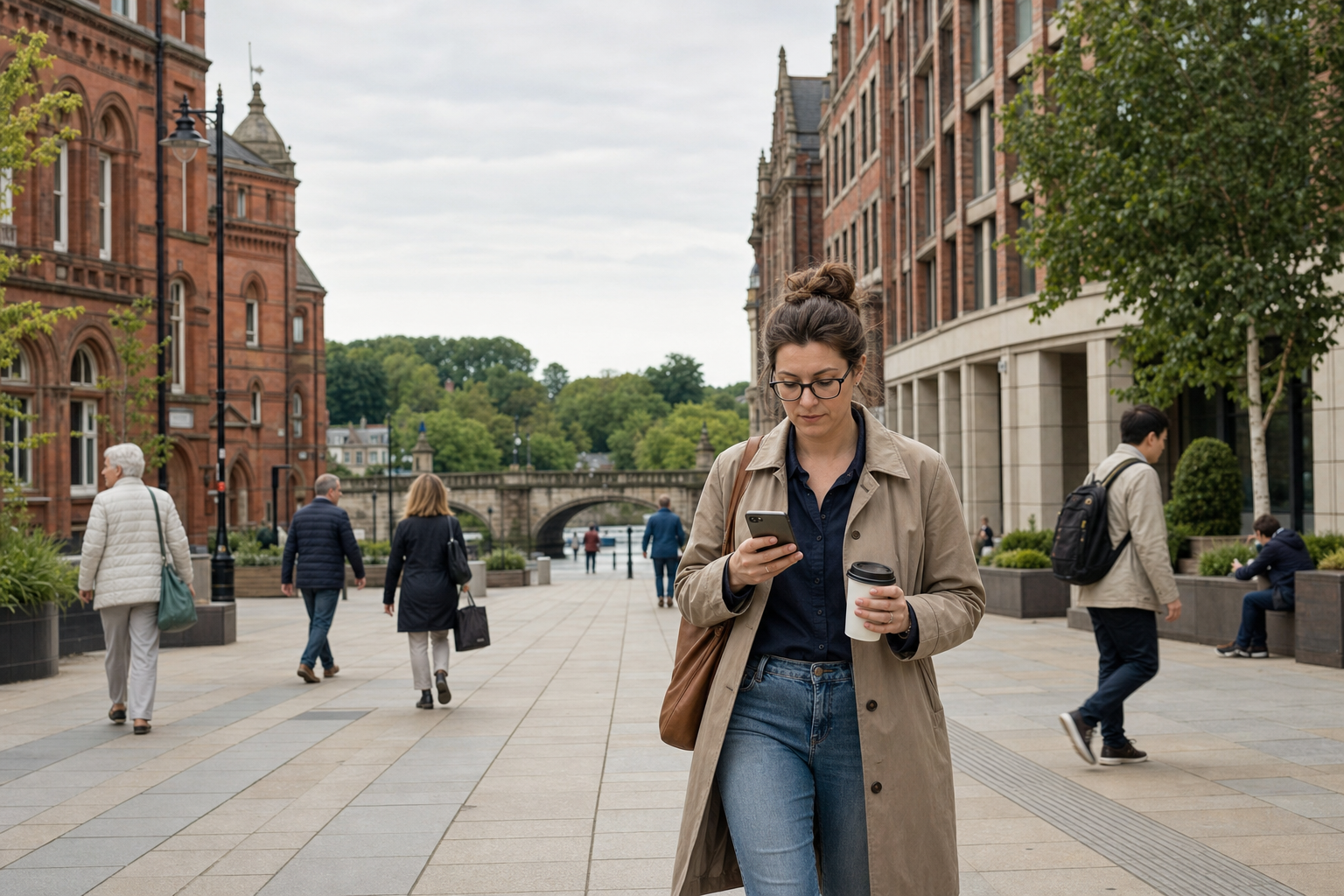 A woman walks along a city street, focused on her phone and holding a coffee cup, with historic buildings in the background.