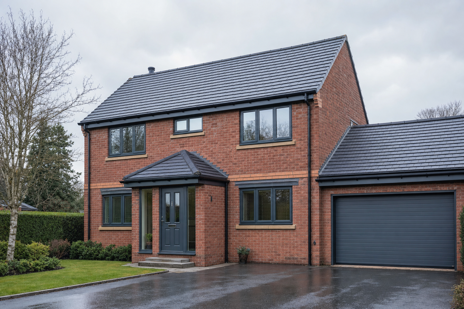 Modern red-brick house with a grey slate roof and a large garage on a rainy day.