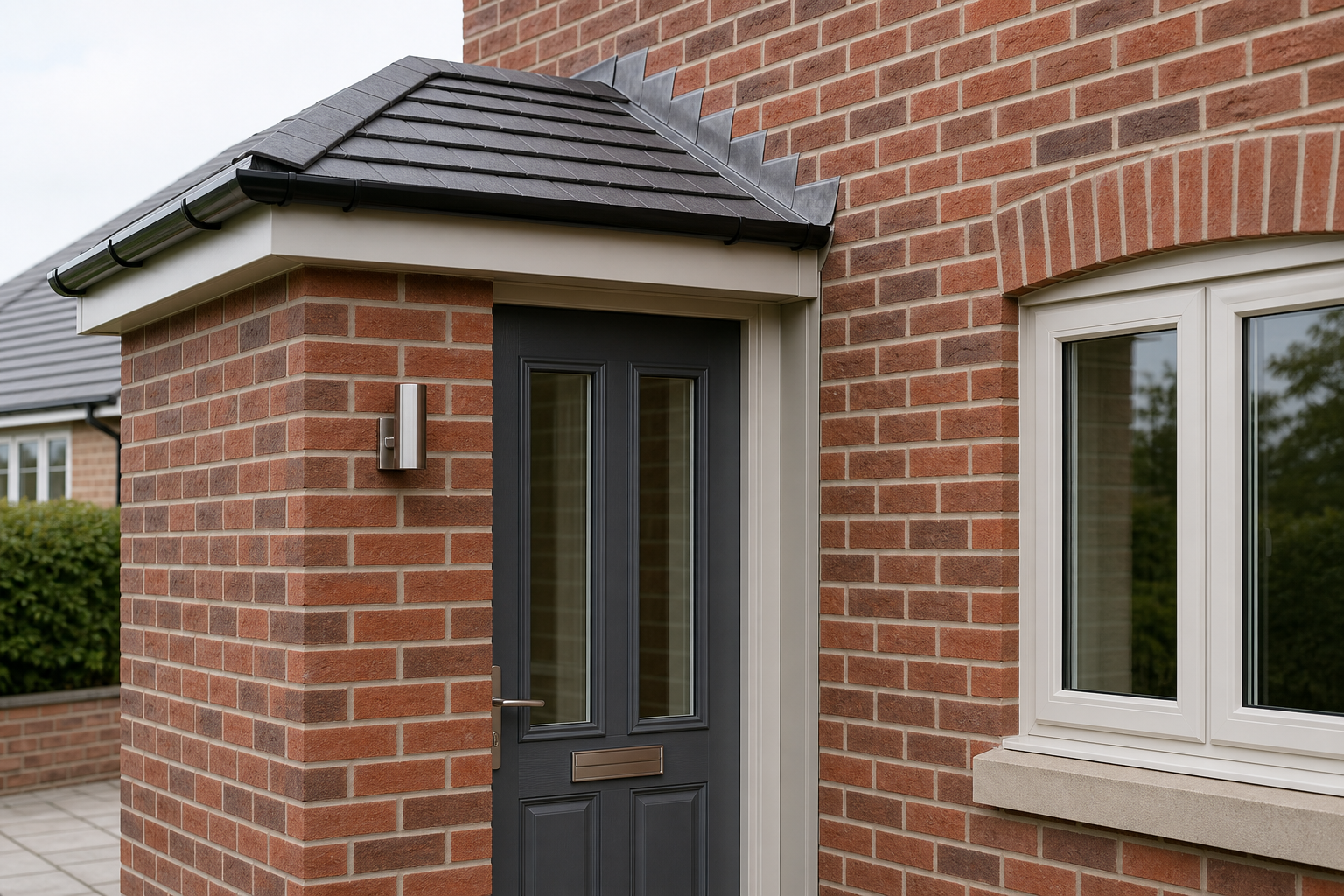 A modern brick house entrance with a dark grey front door and a nearby window reflecting greenery.