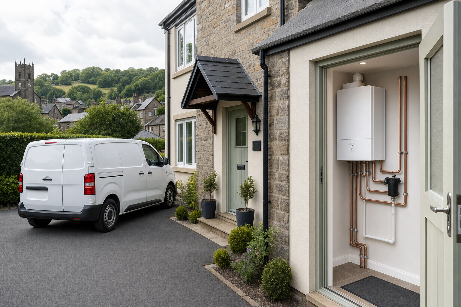 Contemporary house exterior with a white van parked outside and a visible boiler system inside an open door.