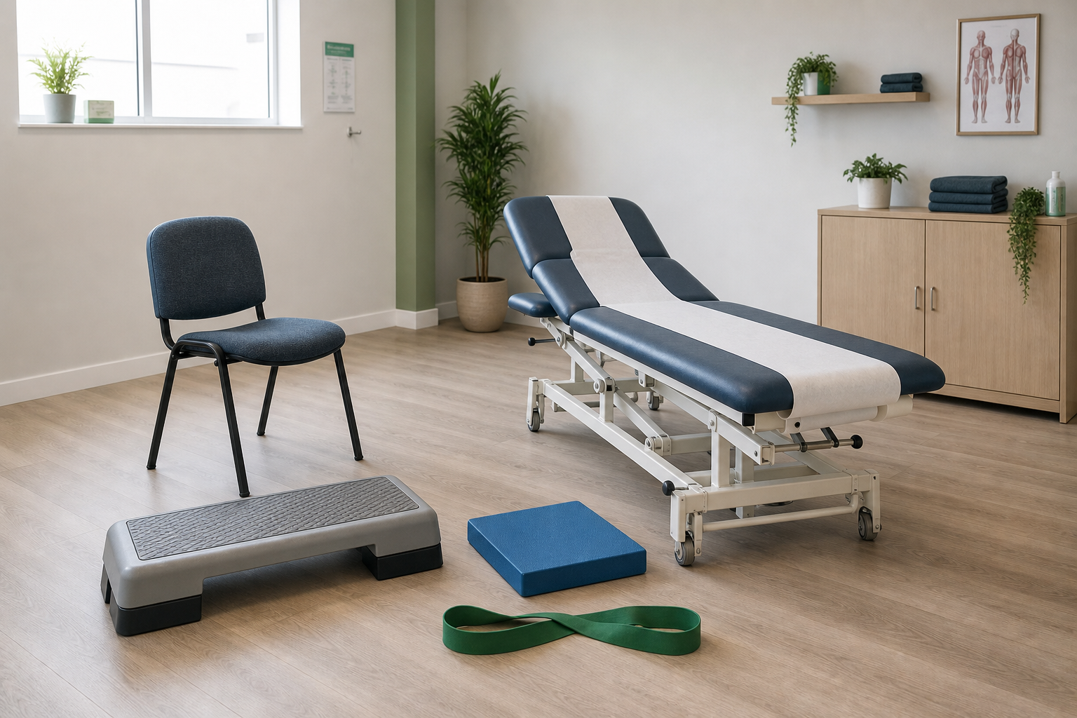 Physiotherapy room with an examination table, chair, exercise step, mat, and resistance band.