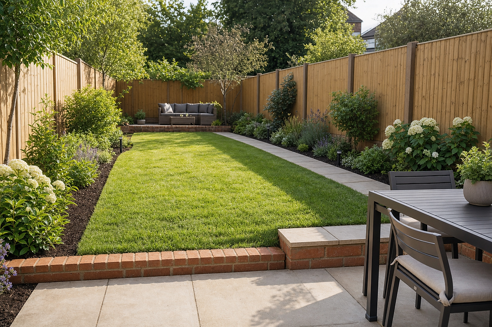 A neatly landscaped garden features a central lawn, bordered by plants and a patio set, with a cosy seating area at the far end.