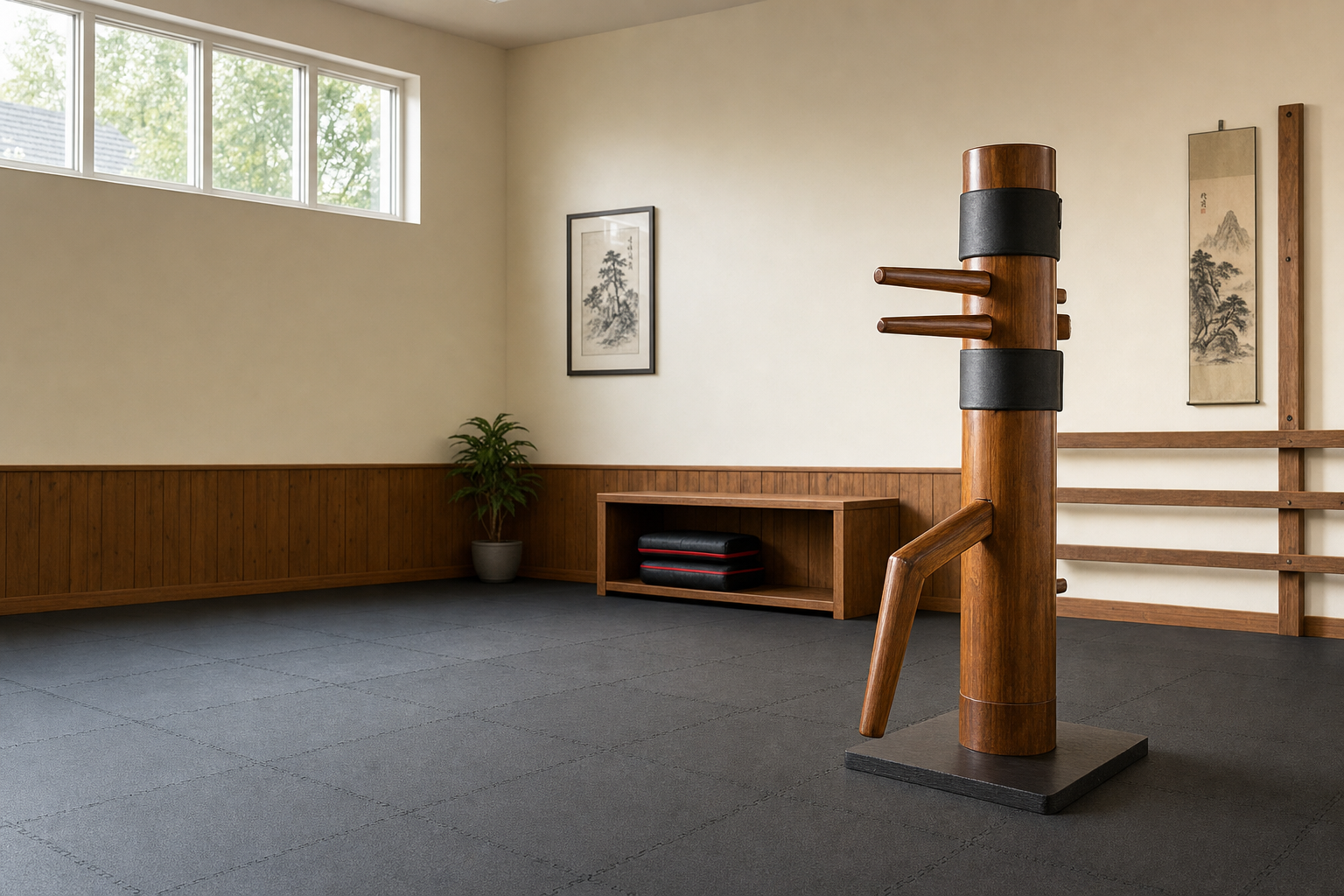 A martial arts training room featuring a wooden Wing Chun dummy and minimal decor.