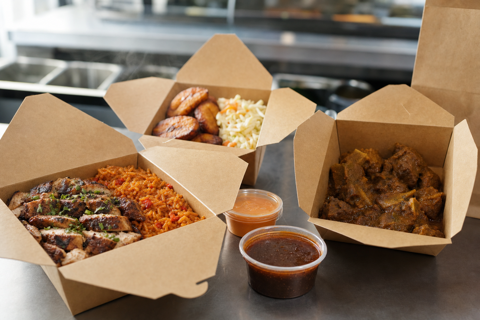 Takeaway boxes with grilled chicken, Jollof rice, plantains, coleslaw, curry, and two dipping sauces displayed on a counter.