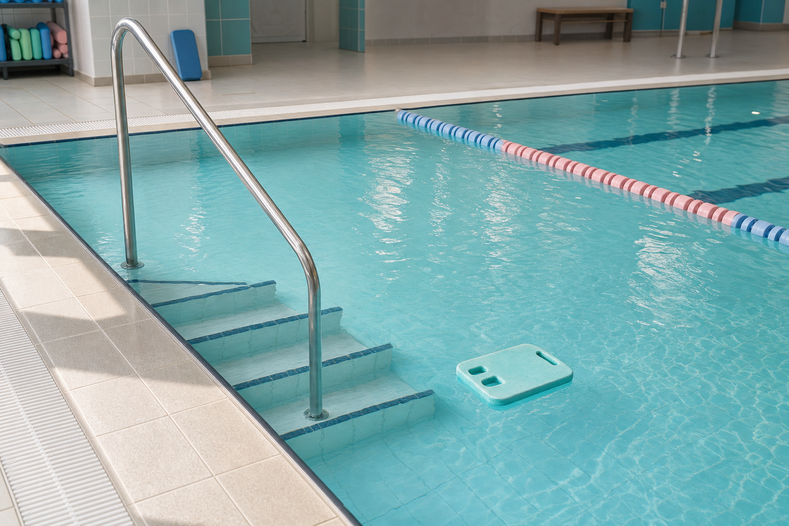 Indoor swimming pool with a metal handrail, steps, and a floating kickboard nearby.