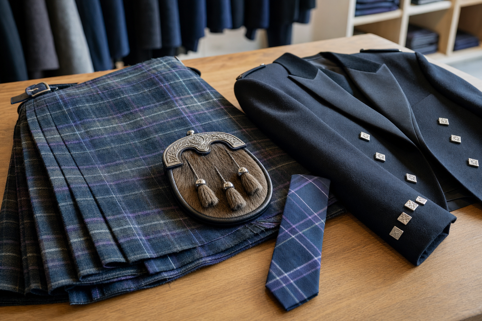 Scottish kilt ensemble with sporran, black jacket, and matching tartan tie on a wooden table.