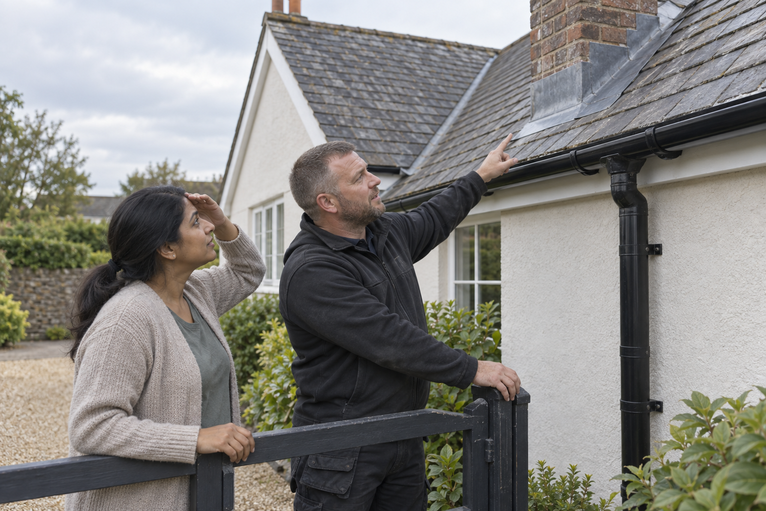 A builder discusses roofing repairs with a homeowner outside a house.