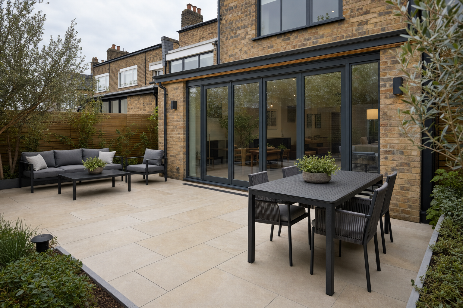 Modern patio with grey outdoor furniture and sliding glass doors leading to a brick house in an urban garden setting.