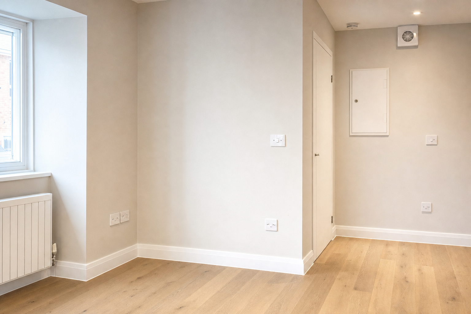 Minimalist interior with light wooden floors, neutral walls, and a large window on the left.