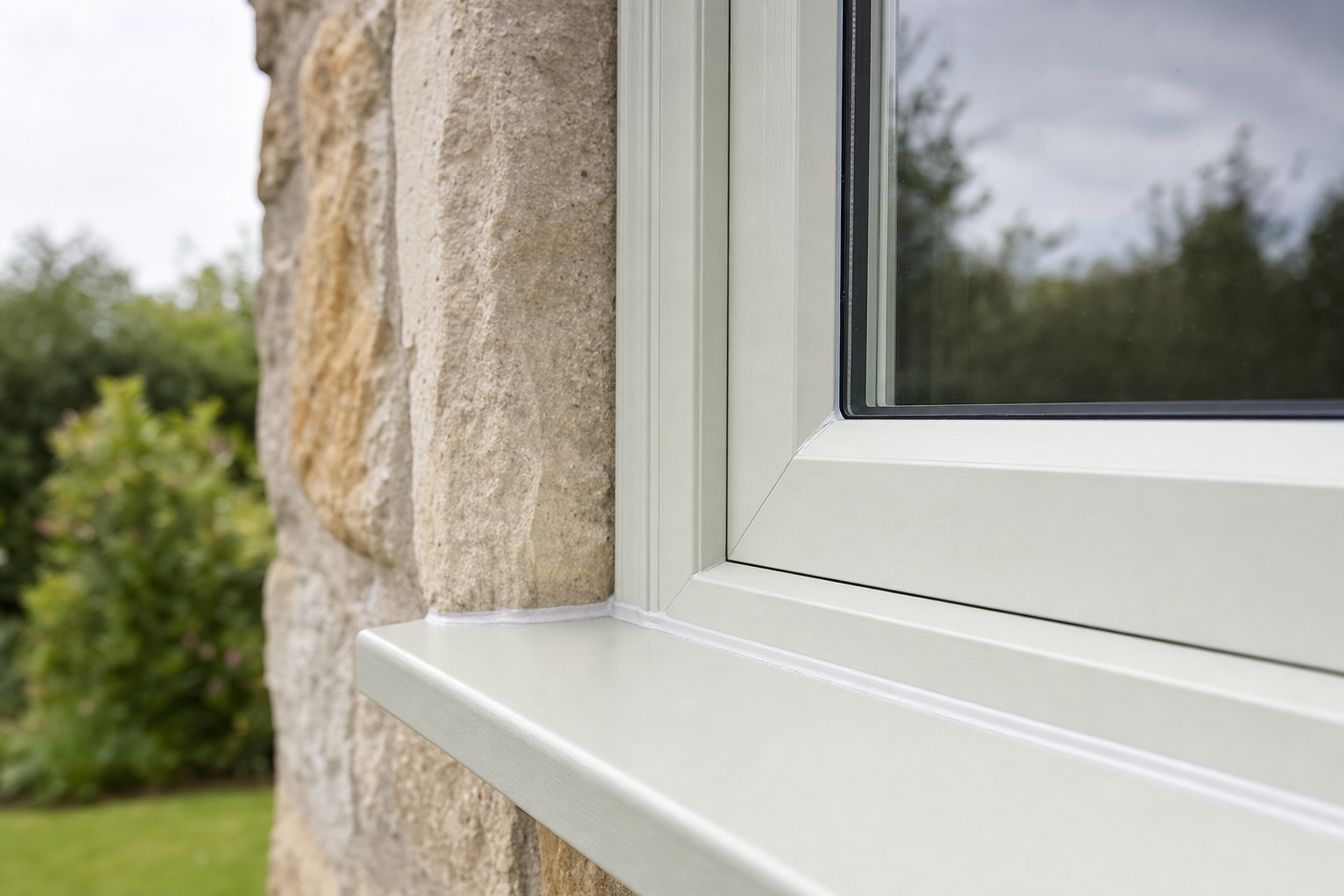 Close-up of a cream-coloured window frame set in a stone wall, with a blurred garden visible in the background.