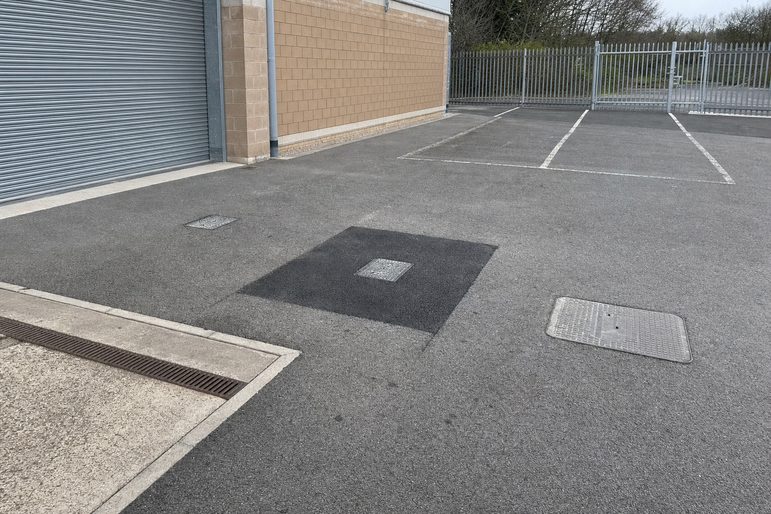 A paved parking area with a closed metal roller door and a fenced gate in the background.