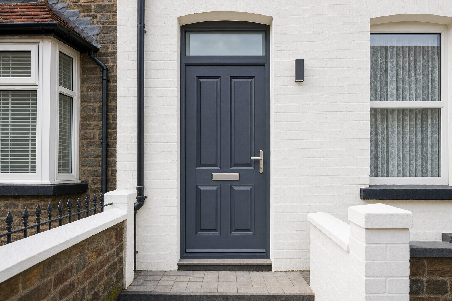 Navy blue front door set in a white brick house with a transom window above and adjacent bay window.
