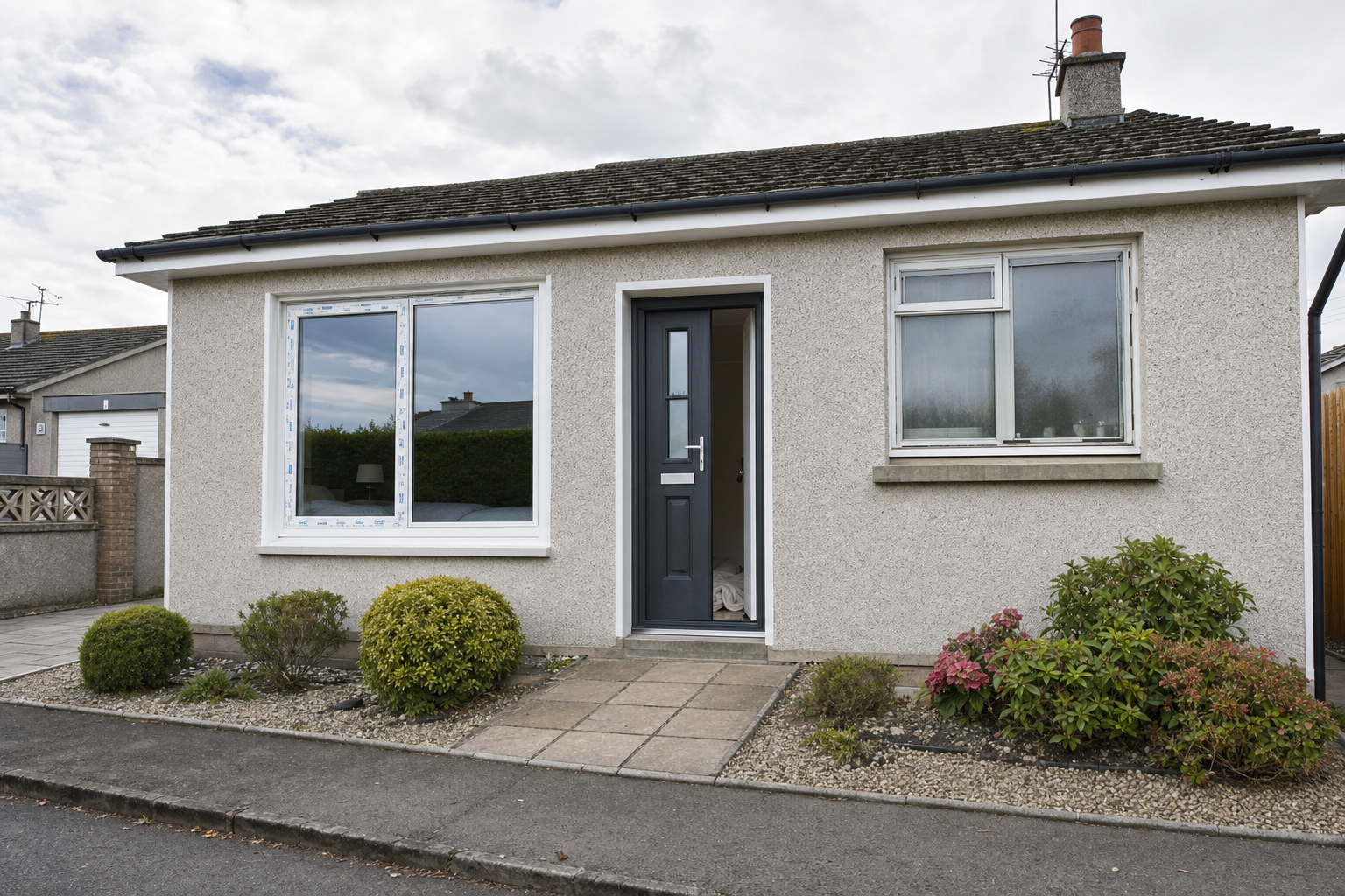 Single-storey house with a grey door, white-framed windows, and a small front garden on a cloudy day.