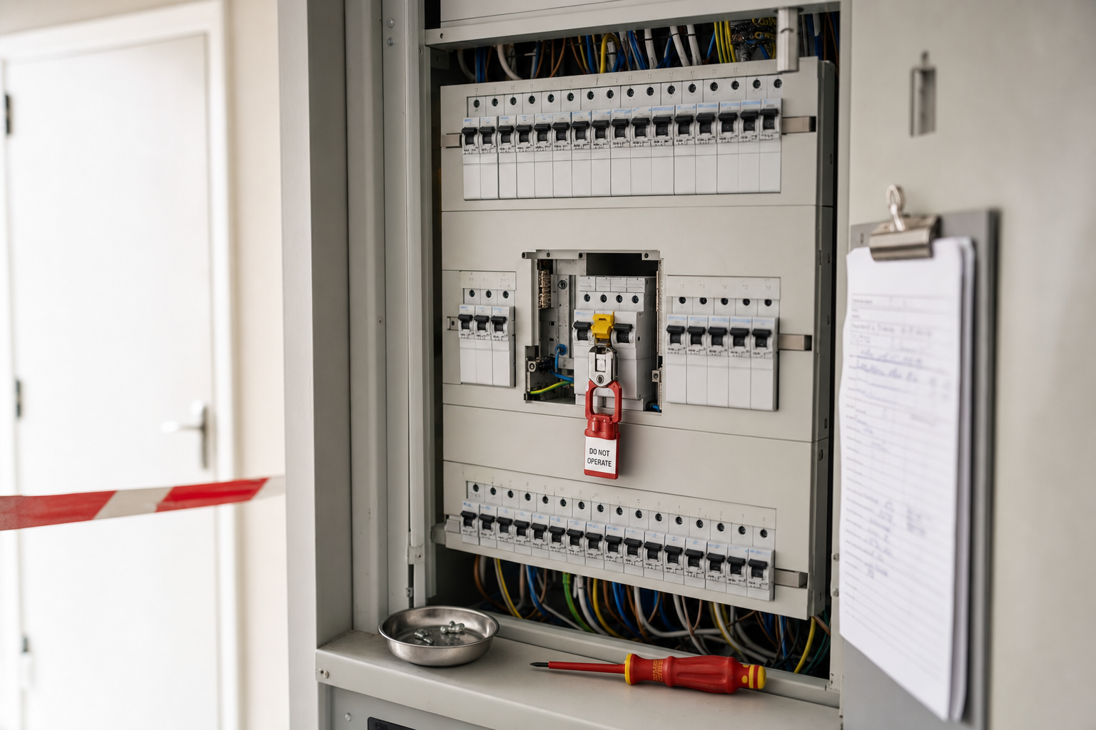Electrical panel with a lockout device and a "Do Not Operate" tag, surrounded by a screwdriver and clipboard.