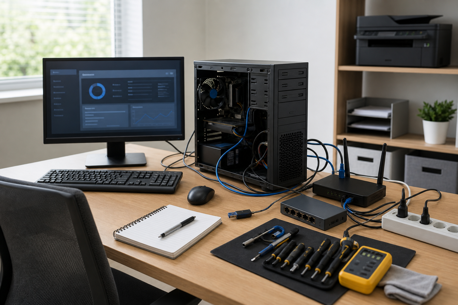 A desktop setup shows an open computer case with cables, tools, and a monitor displaying data.
