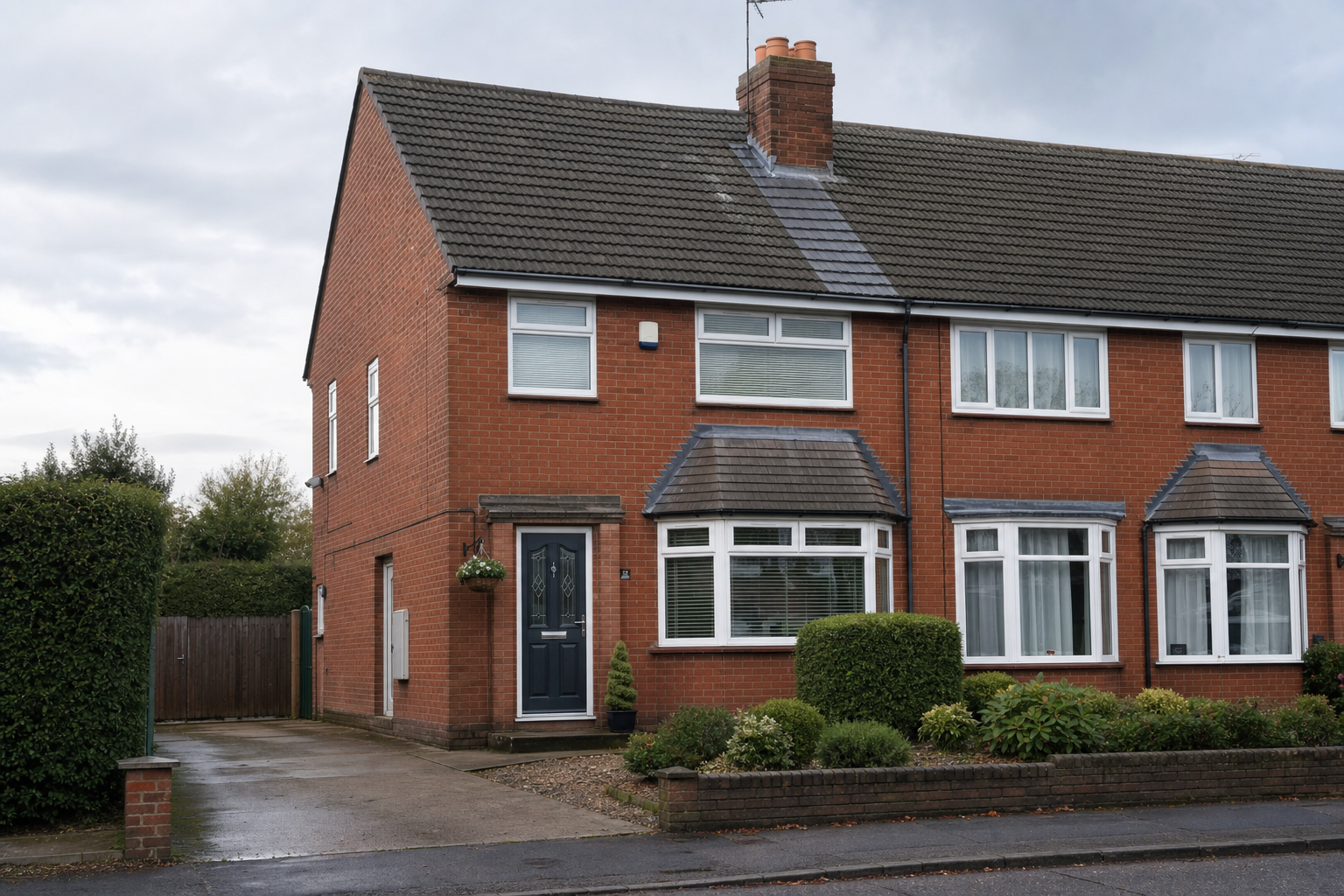 A red-brick semi-detached house with a slate roof, bay windows, and a neatly maintained front garden.