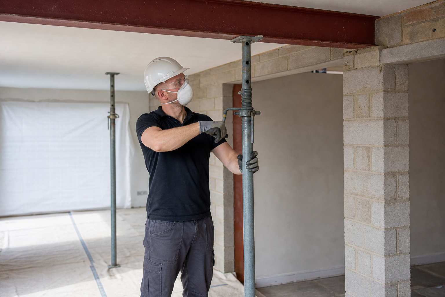 Construction worker in safety gear adjusting a metal support pole indoors.