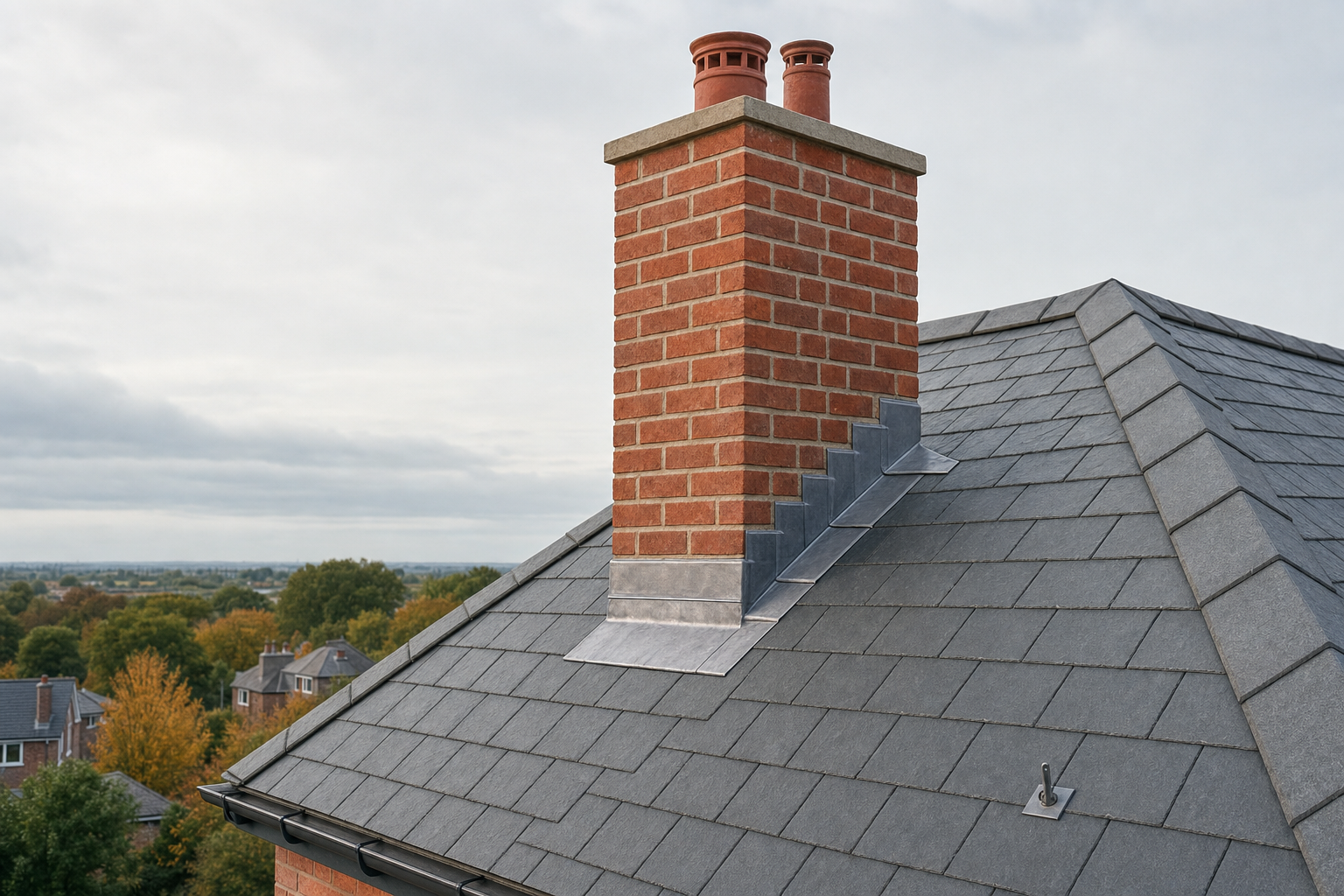 A red brick chimney with dual pots sits atop a grey tiled roof against a backdrop of autumn trees and a cloudy sky.