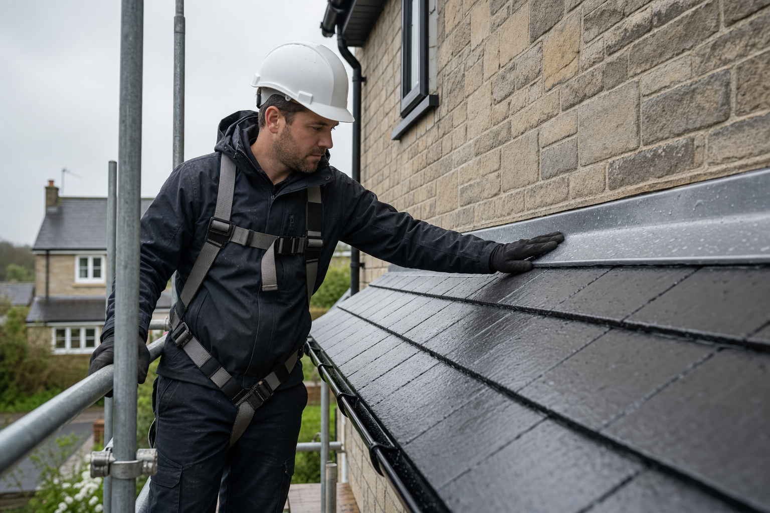 Construction worker in a hard hat and safety gear inspecting a wet slate roof on a residential building.