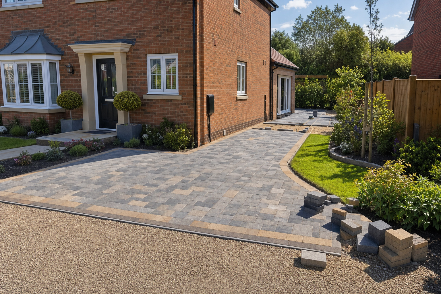 A newly paved driveway and path in front of a modern brick house with partially laid paving stones.