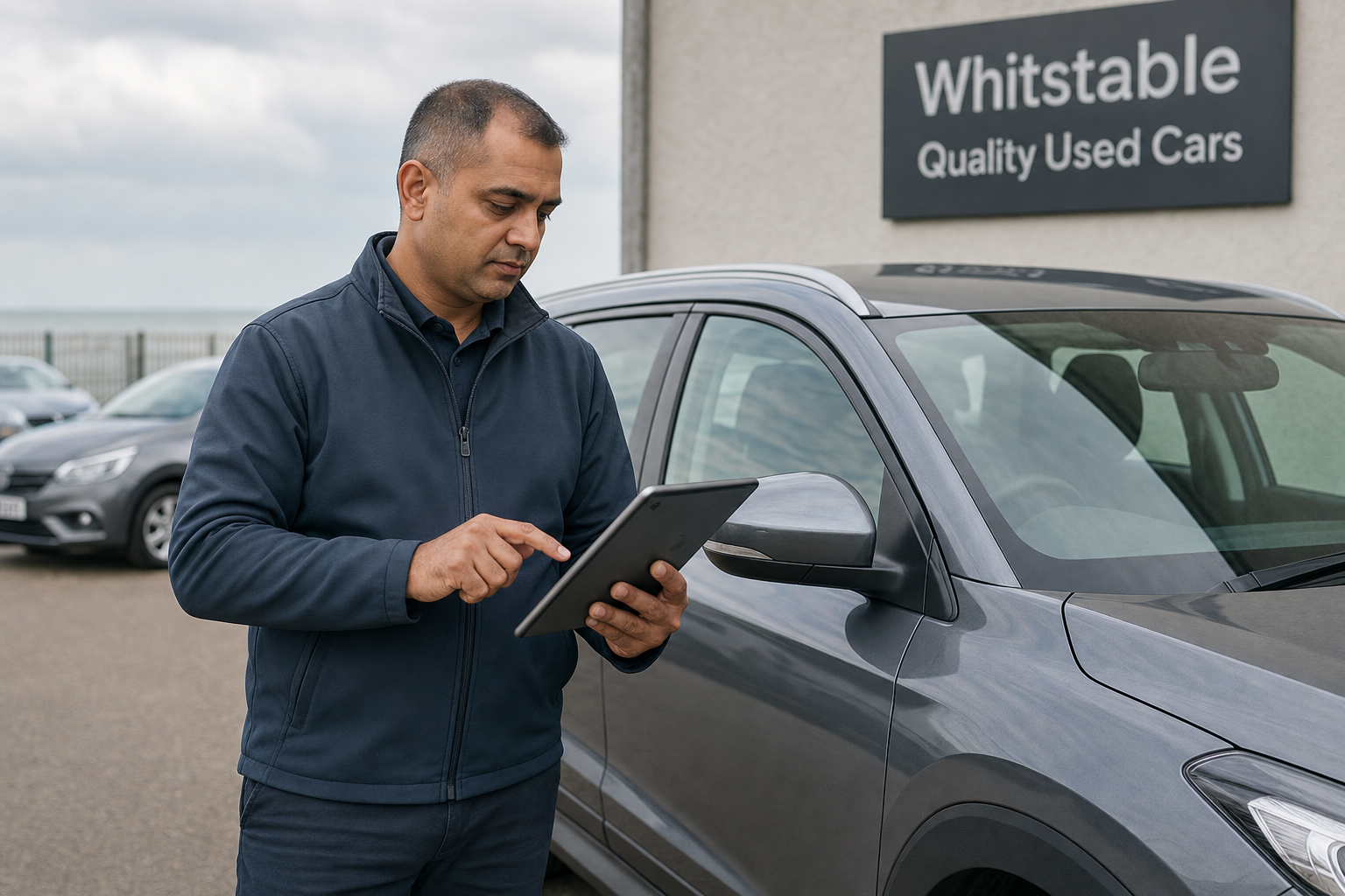 Man using a tablet near a car at Whitstable Quality Used Cars dealership.