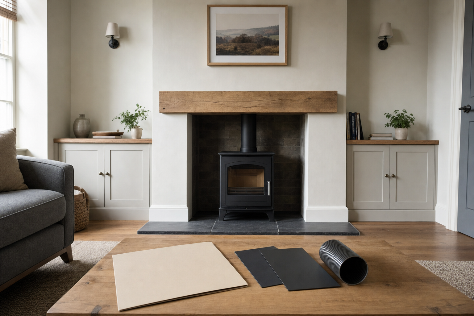 Modern living room with a wood-burning stove, flanked by cabinets and decorative plants, under a landscape painting.